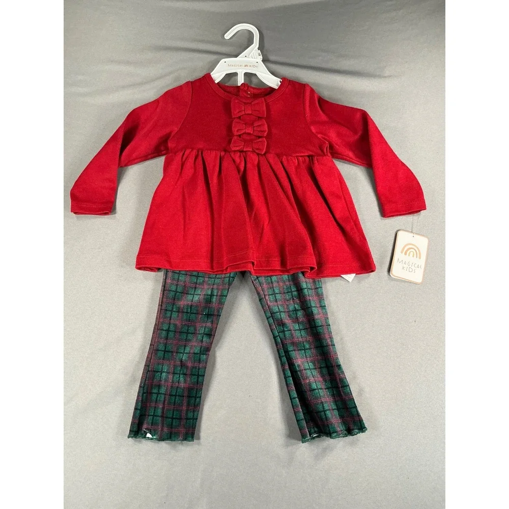 NWT Magical Kids Baby Girl  Peplum Tunic and Plaid Leggings Set 12M